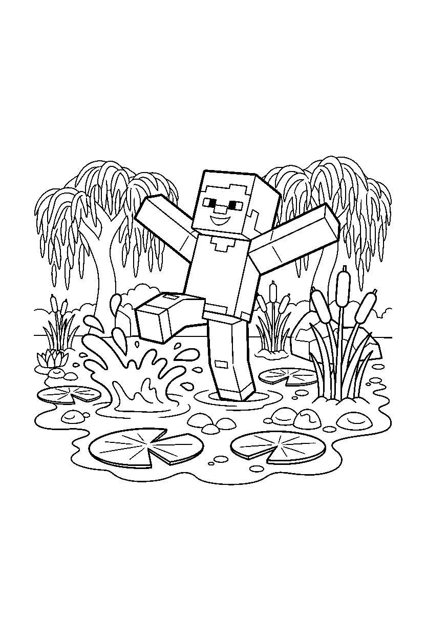 minecraft steve stomping playfully in a swamp line art