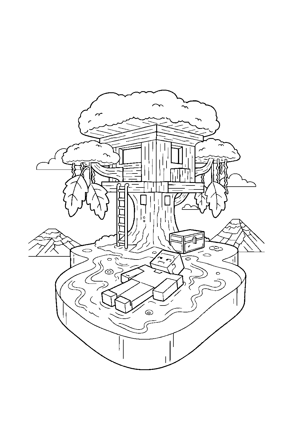 minecraft steve swimming calmly in a treehouse base line art