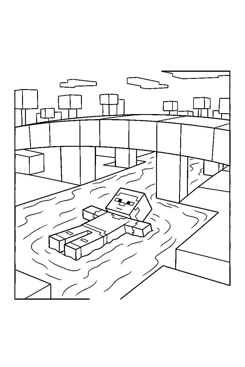 minecraft steve swimming calmly on a bridge line art