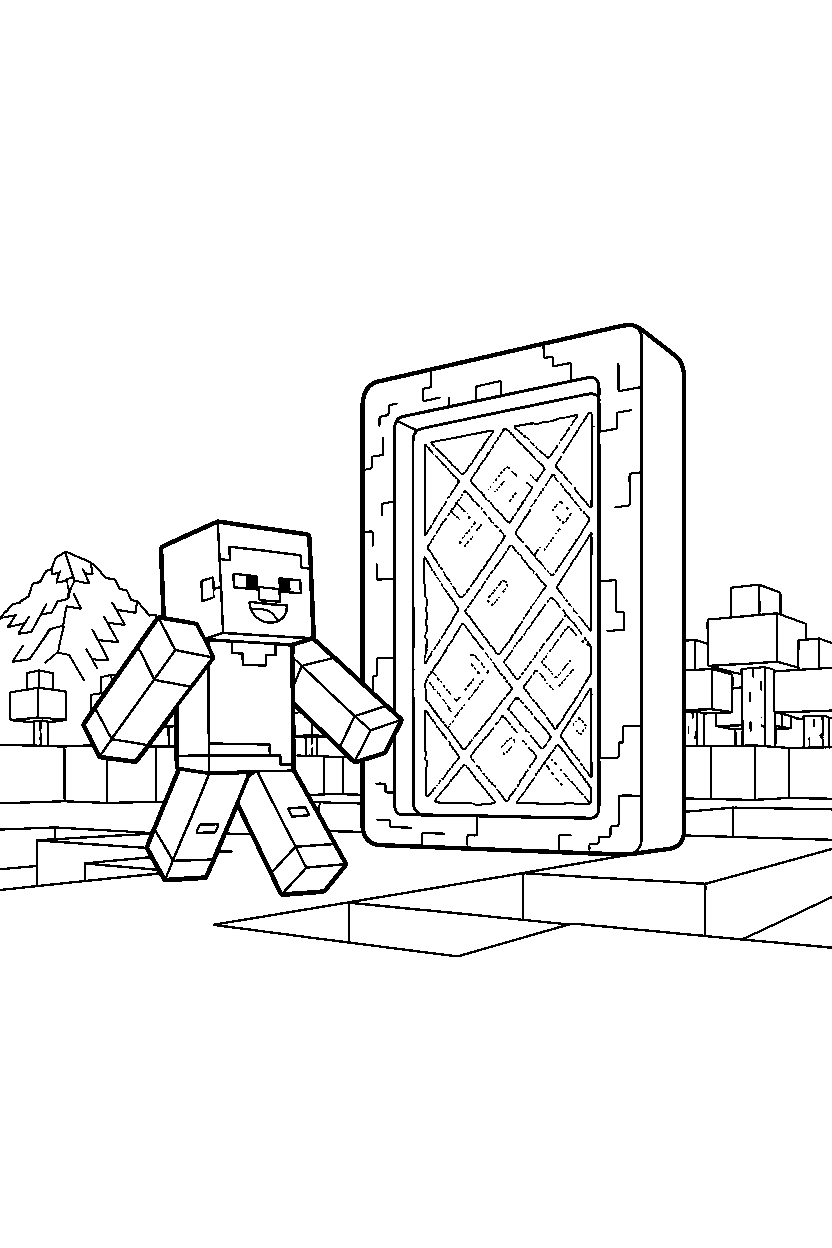 minecraft steve walking happily near a portal line art