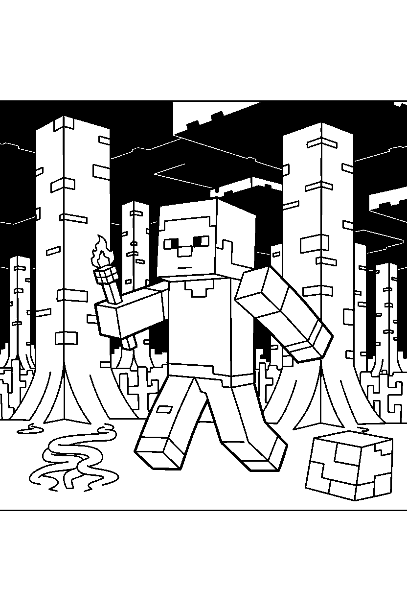 minecraft steve wandering curiously in a dark forest line art