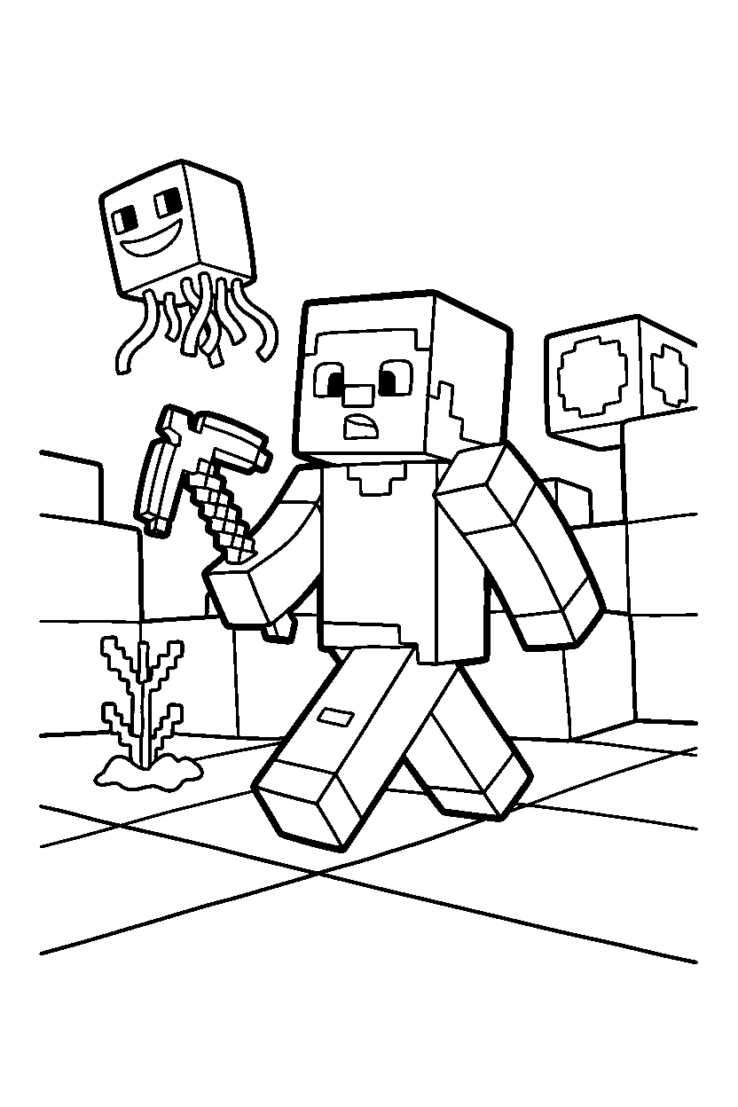 minecraft steve wandering curiously in the nether line art