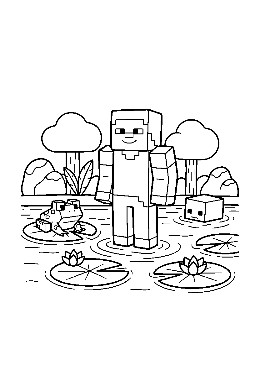 minecraft steve watching calmly in a swamp line art