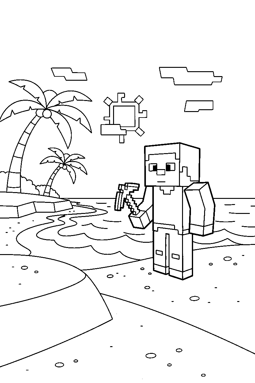 minecraft steve watching on beach line art