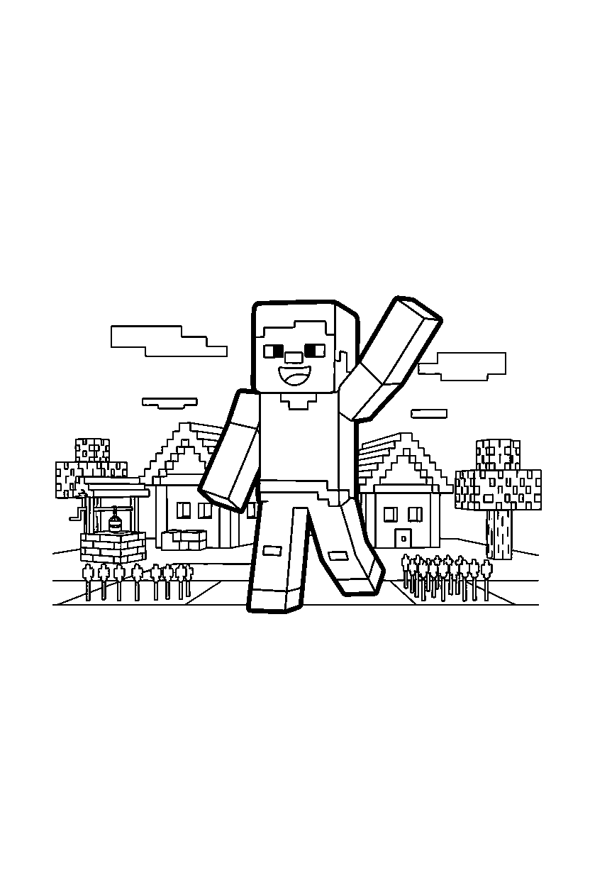 minecraft steve waving happily in a village line art