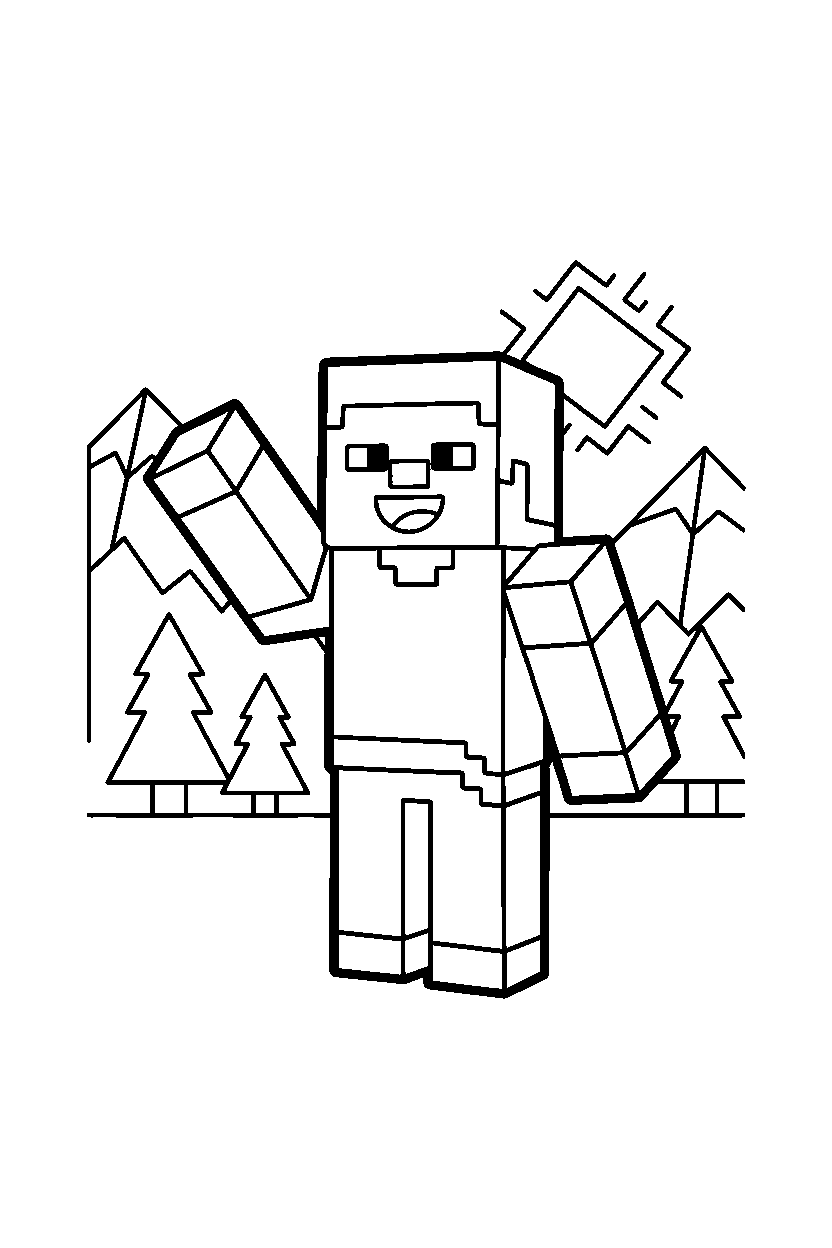 minecraft steve waving happily in mountains line art
