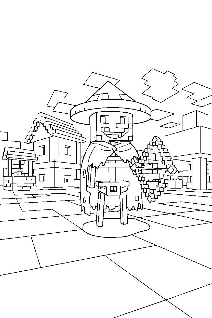 minecraft stray smiling happily in a village line art