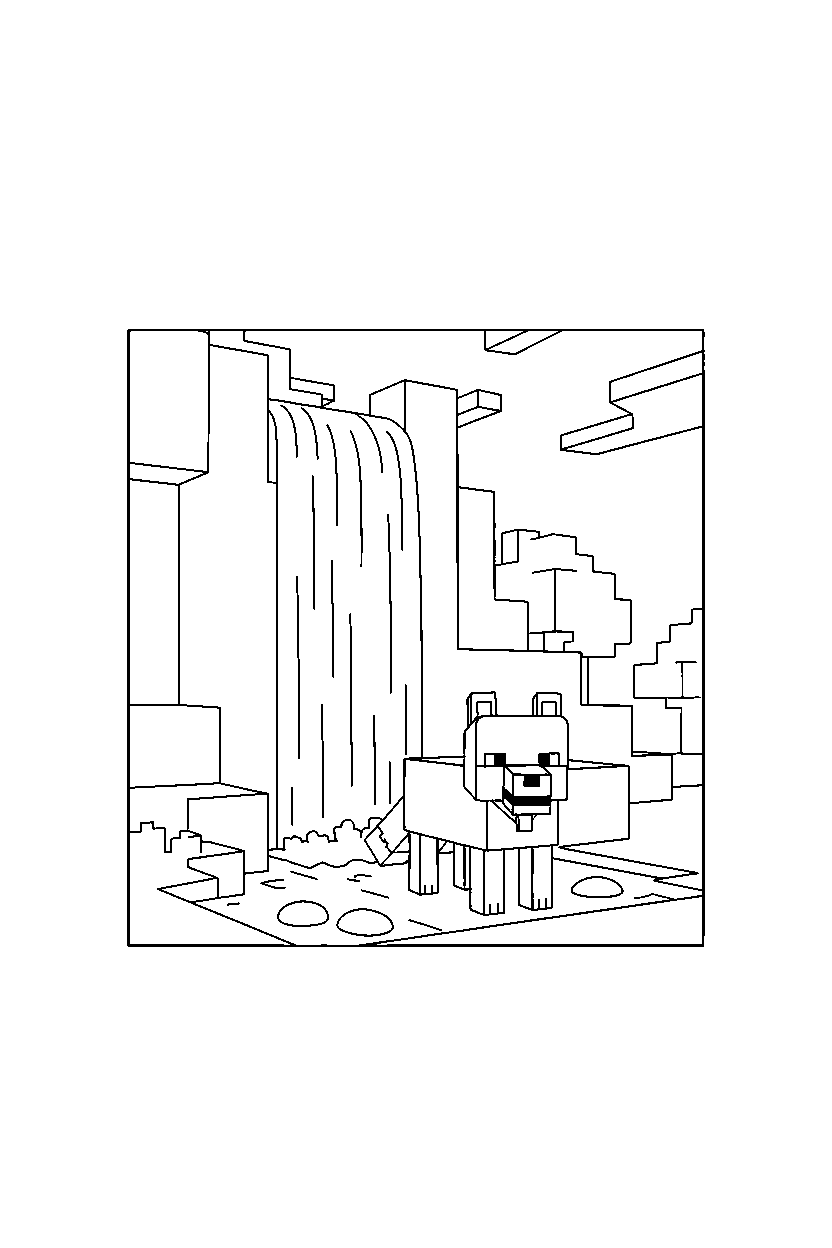 minecraft tamed wolf standing calmly by waterfall line art