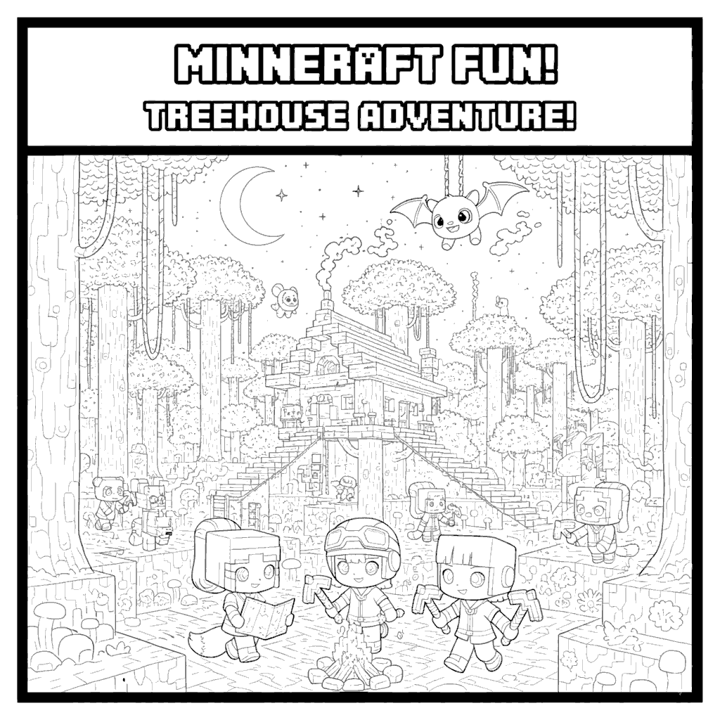 minecraft treehouse adventure line art