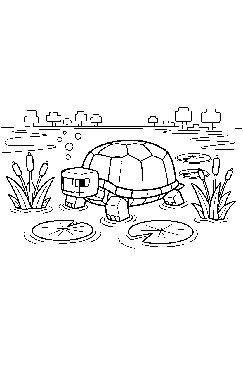 minecraft turtle crawling calmly in a swamp line art