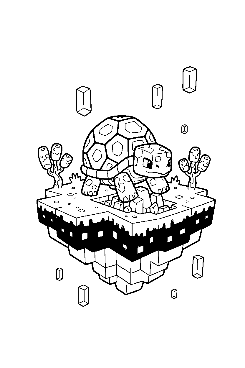 minecraft turtle digging carefully on an end island line art