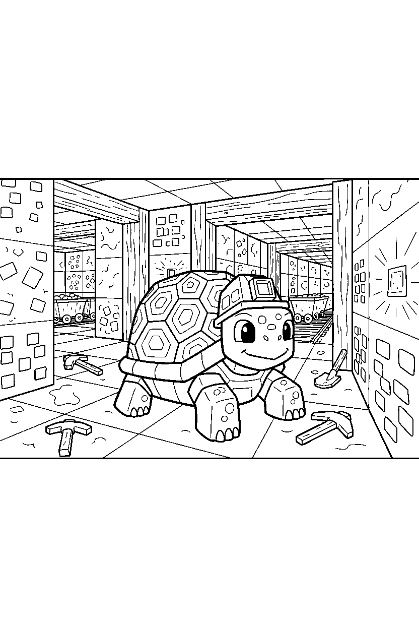 minecraft turtle exploring in mining tunnel line art