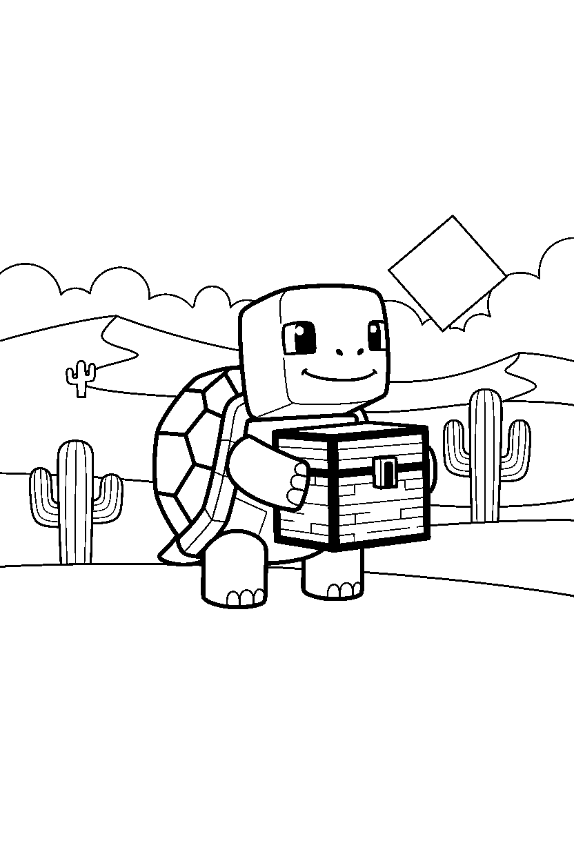 minecraft turtle holding a chest in a desert line art