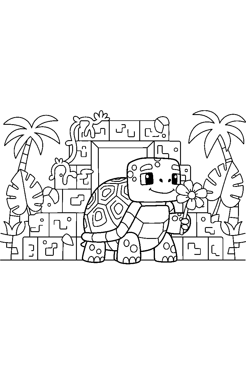 minecraft turtle holding a flower in a jungle temple line art