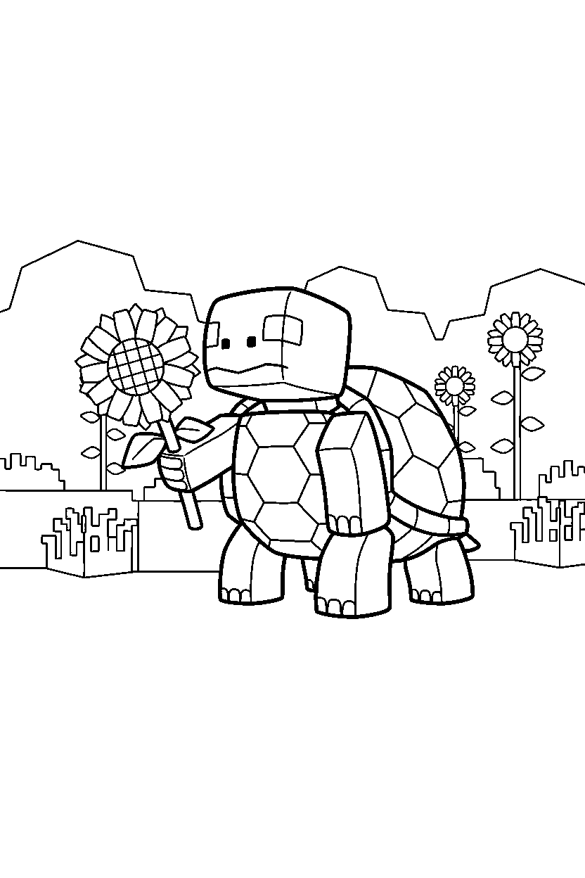minecraft turtle holding a flower in sunflower plains line art