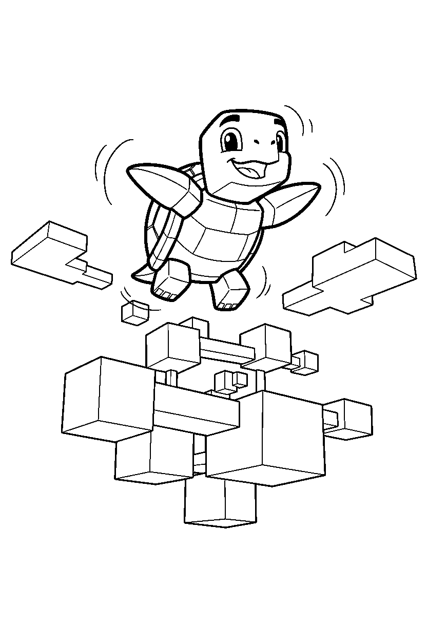 minecraft turtle jumping playfully in a sky base line art