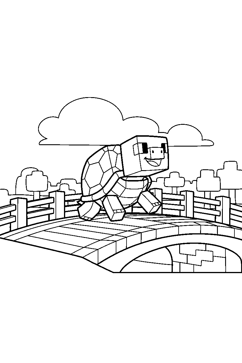 minecraft turtle running happily on a bridge line art