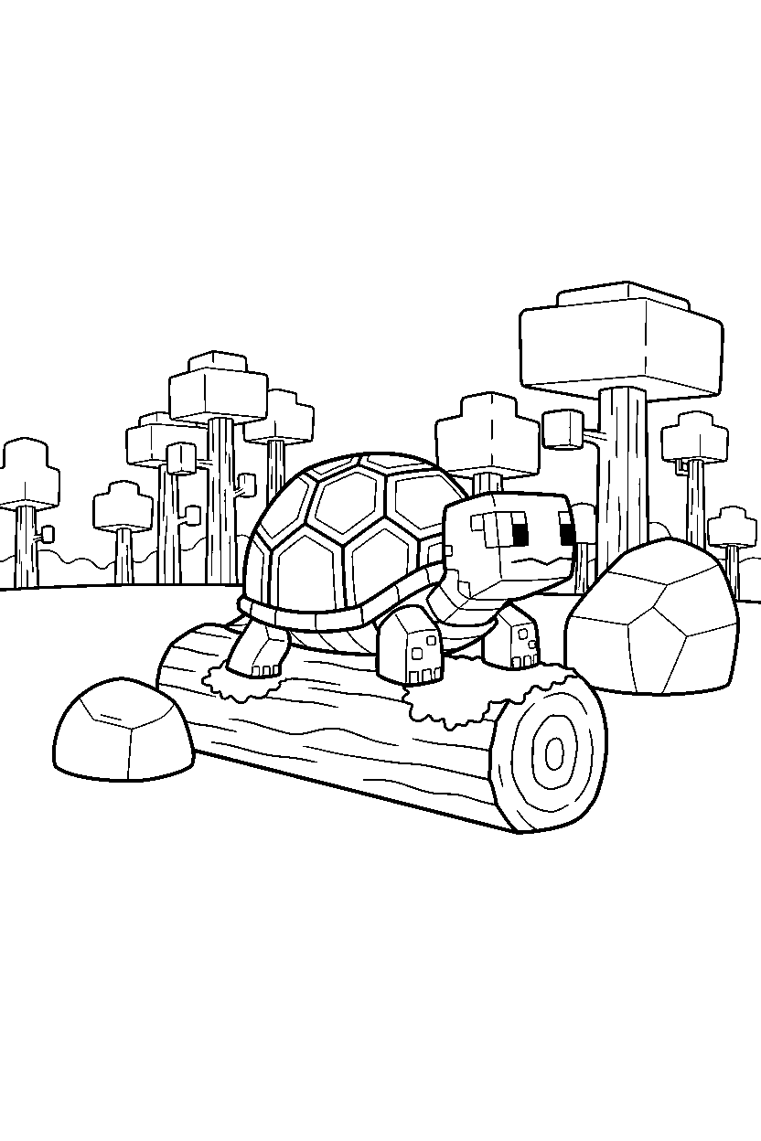 minecraft turtle sitting calmly in a dark forest line art
