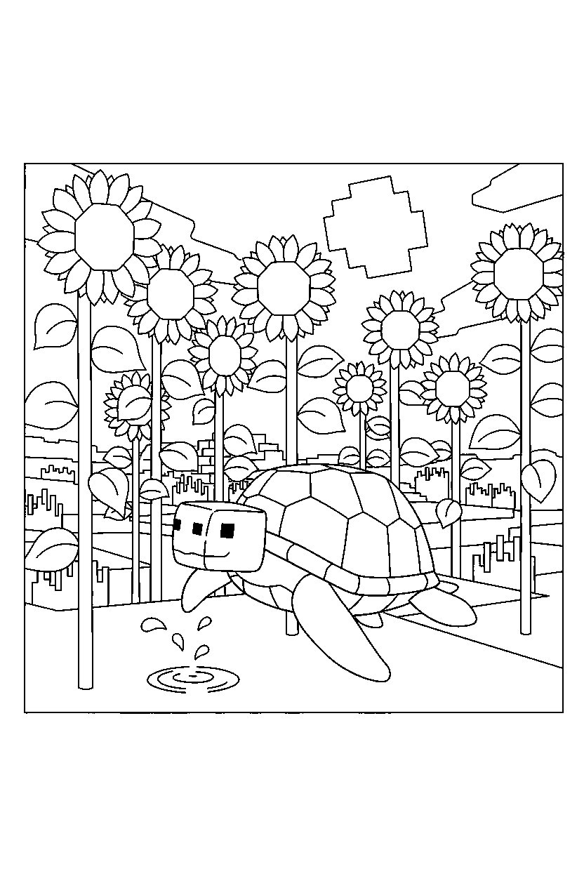 minecraft turtle swimming calmly in sunflower plains line art