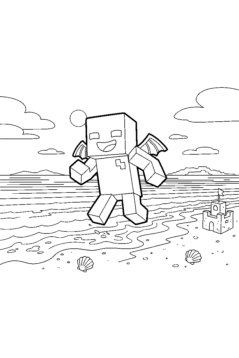 minecraft vex playing happily on an ocean shore line art