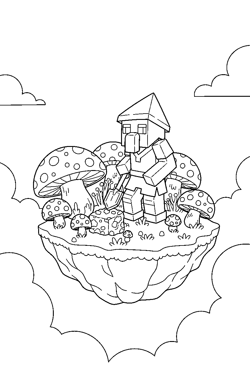 minecraft villager digging carefully on a mushroom island line art