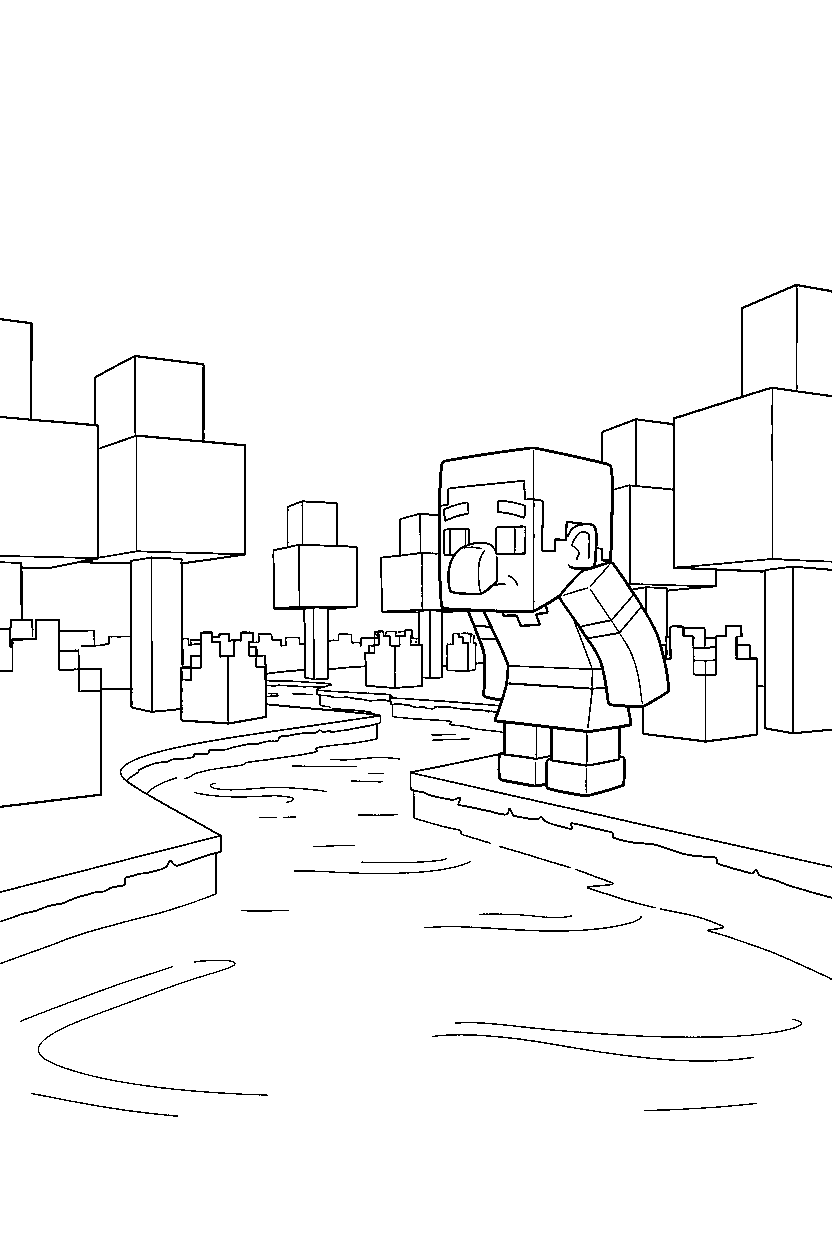 minecraft villager exploring curiously near a river line art