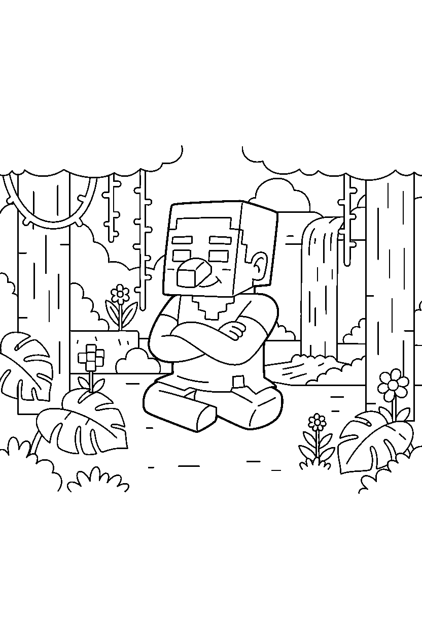 minecraft villager floating calmly in a jungle line art