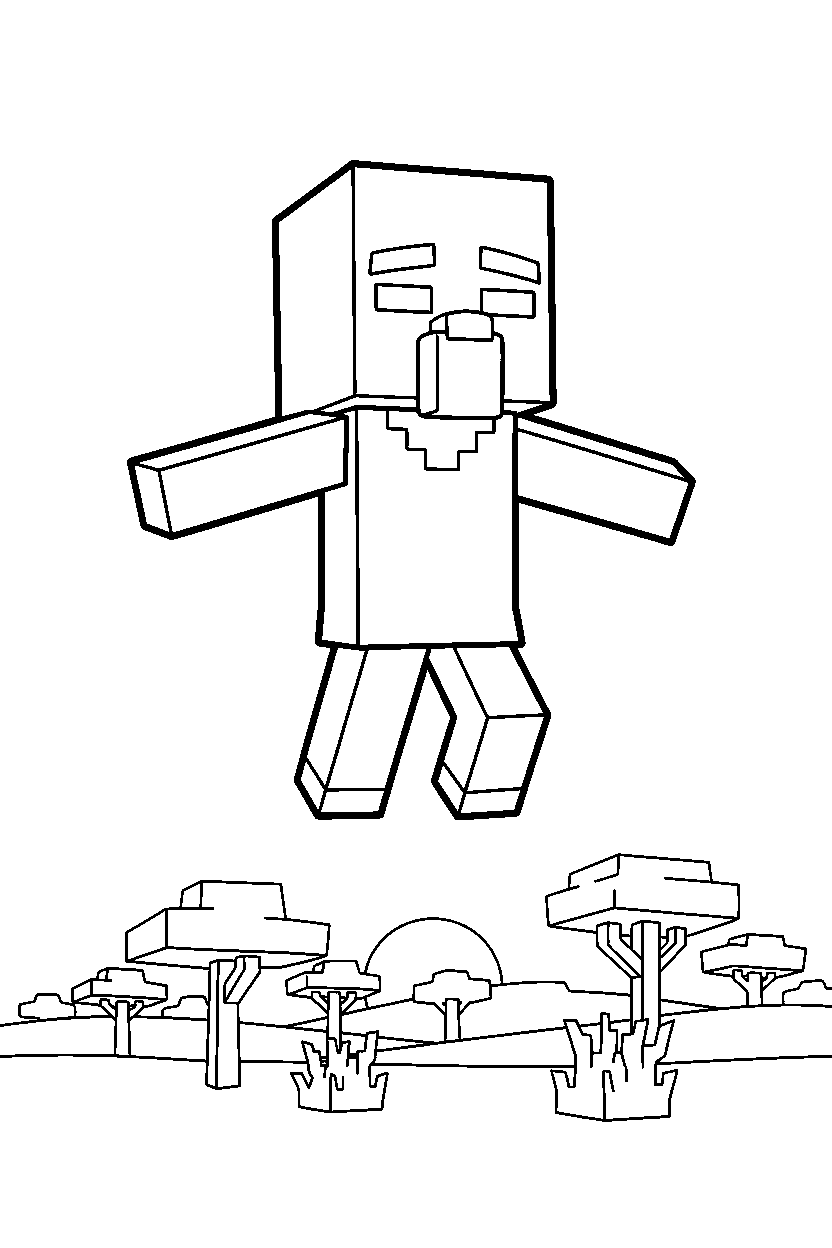 minecraft villager floating calmly in a savanna line art