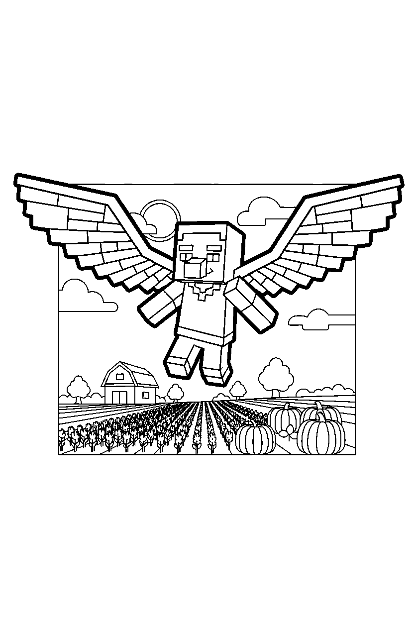 minecraft villager gliding calmly near a farm field line art
