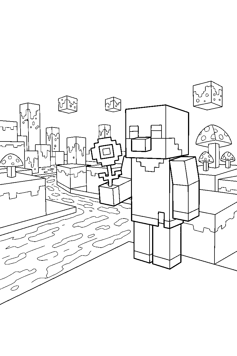 minecraft villager holding a flower in the nether line art