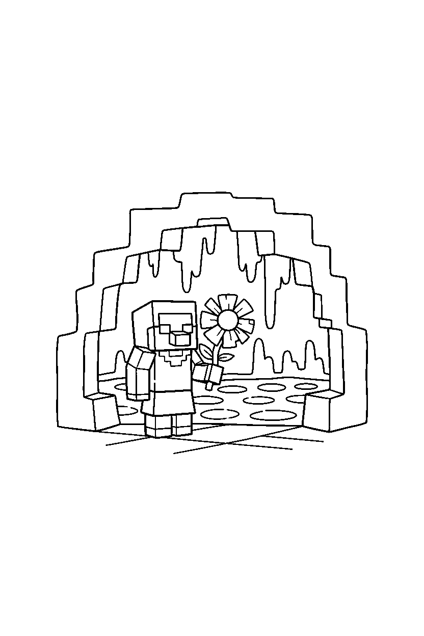 minecraft villager holding a flower near a lava cave line art