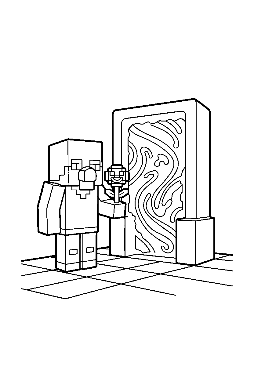 minecraft villager holding a flower near a nether portal line art