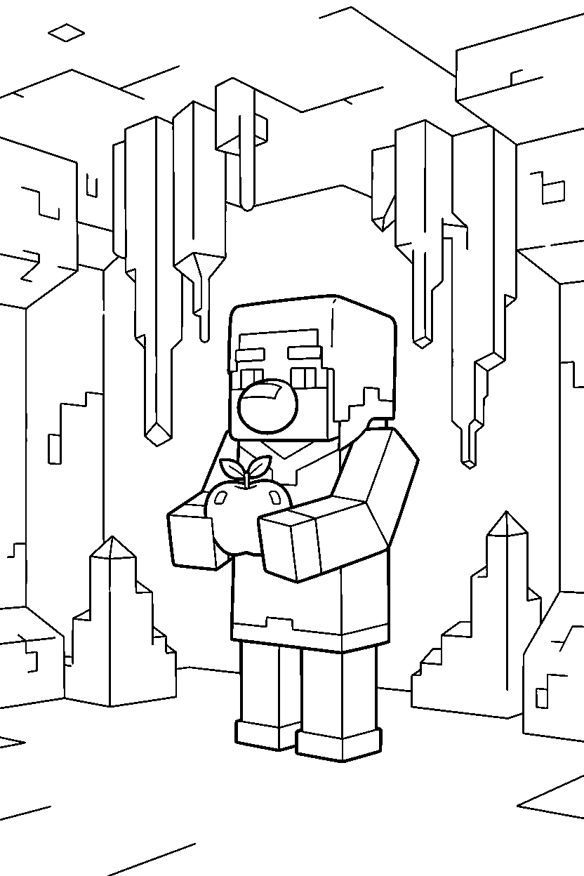 minecraft villager holding an apple in a dripstone cave line art
