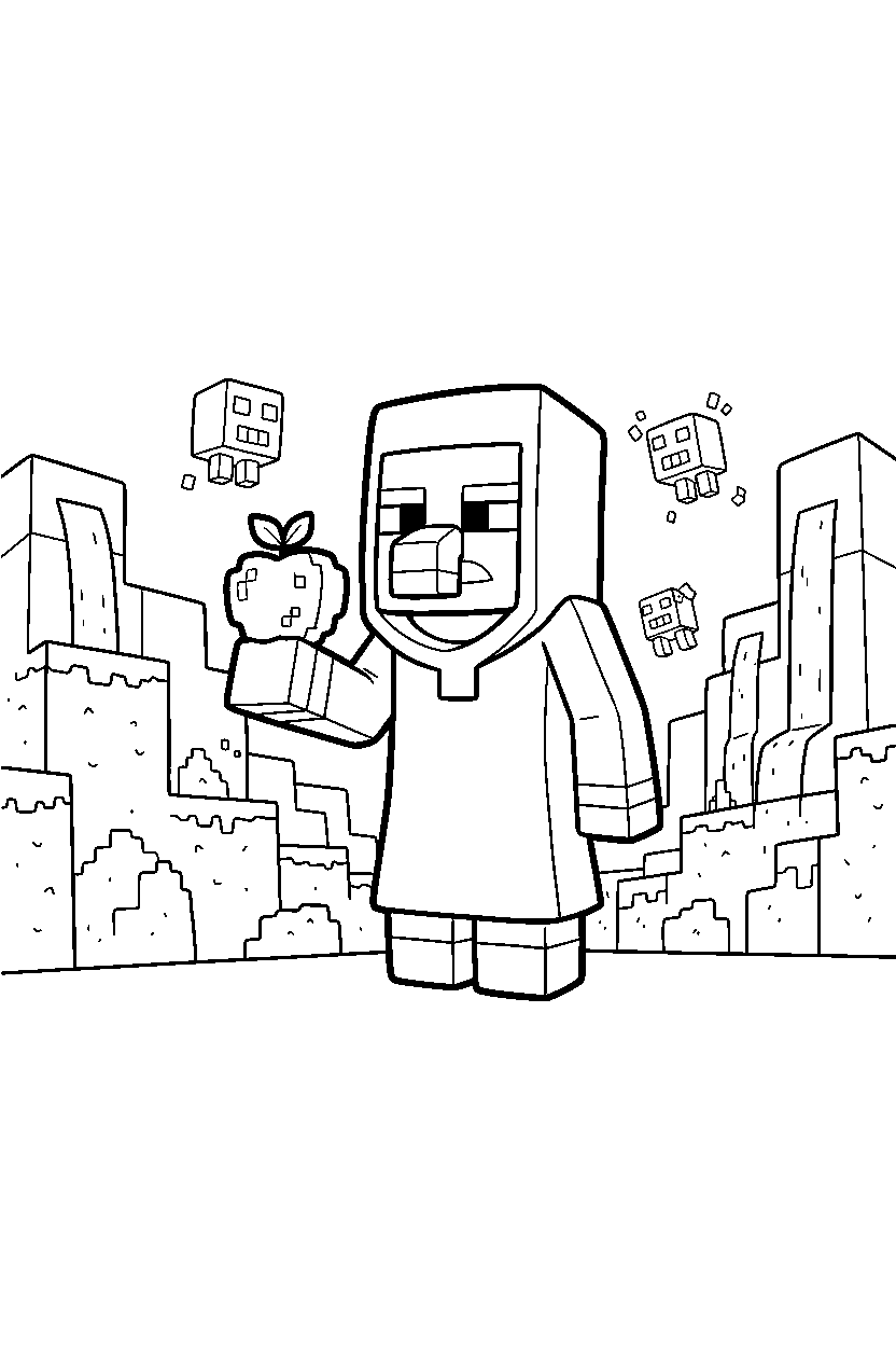 minecraft villager holding an apple in the nether line art