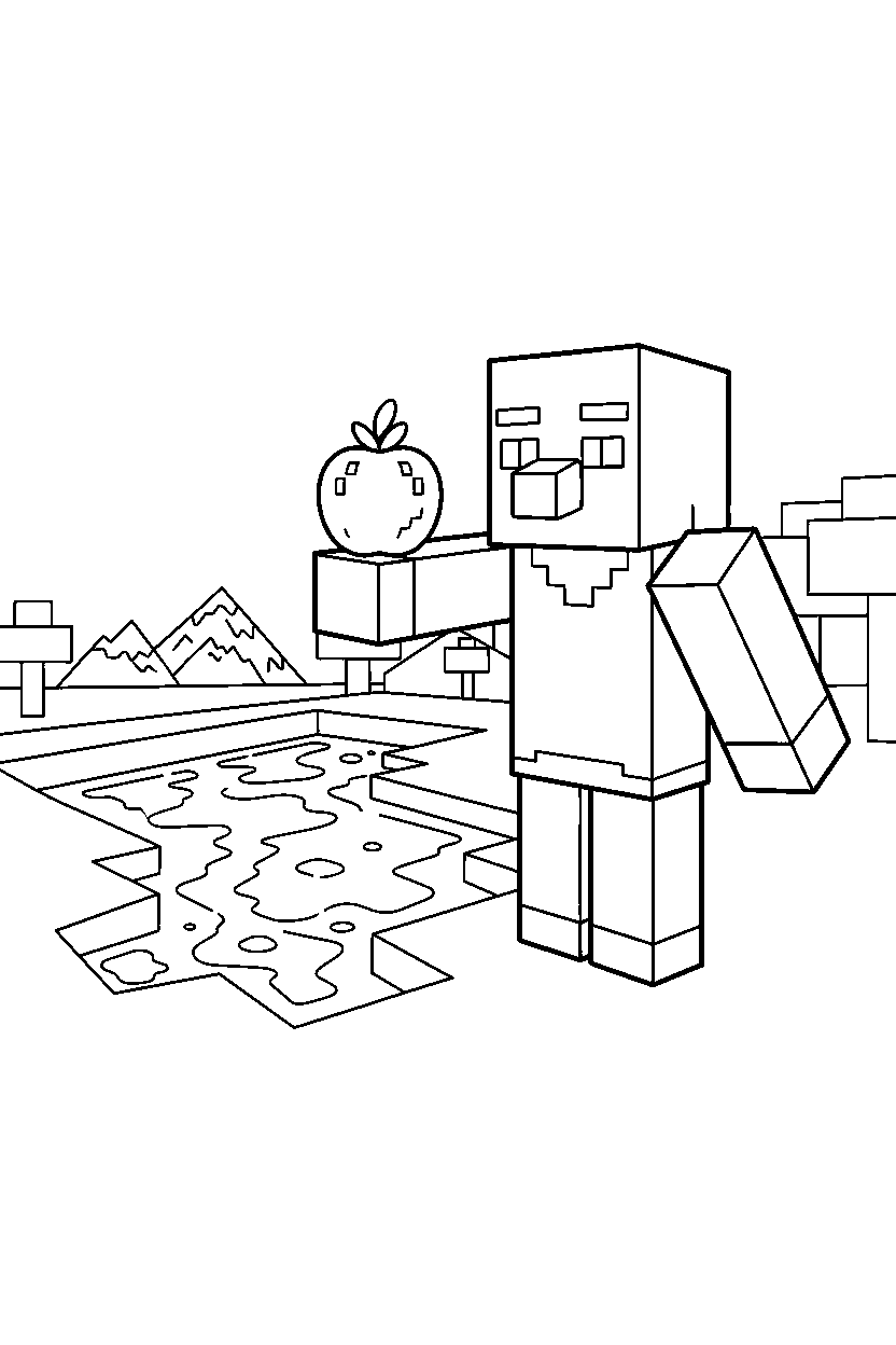 minecraft villager holding an apple near a lava lake line art