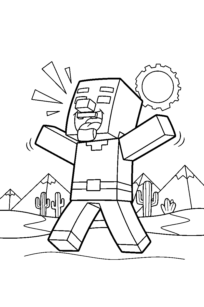 minecraft villager howling playfully in a desert line art