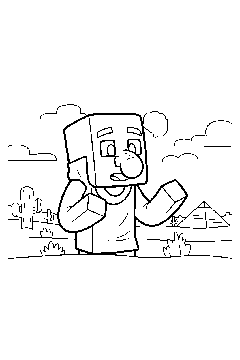 minecraft villager looking around curiously in a desert line art