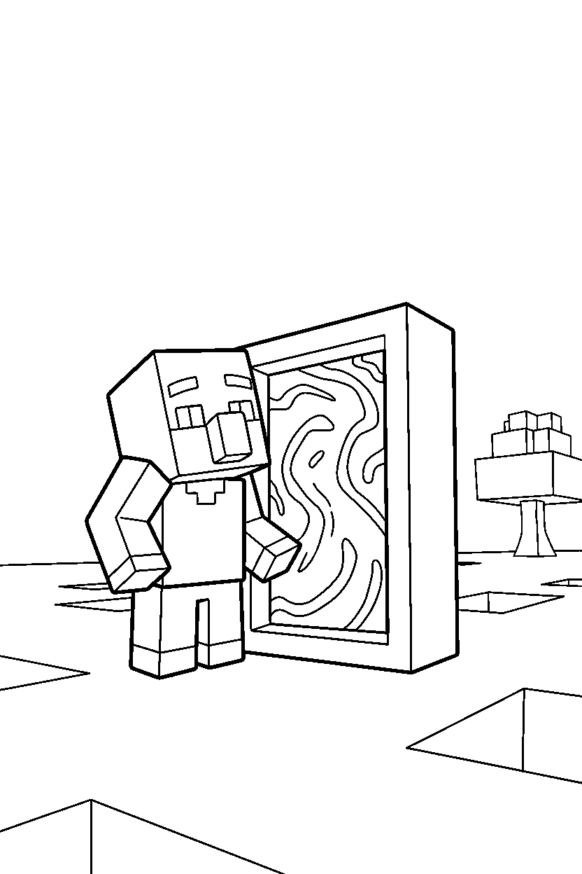 minecraft villager looking around curiously near a nether portal line art