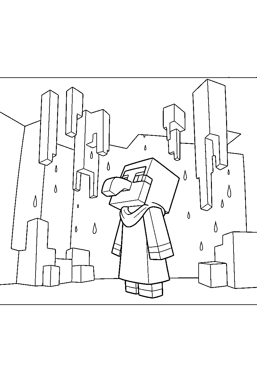 minecraft villager looking at the sky in a dripstone cave line art