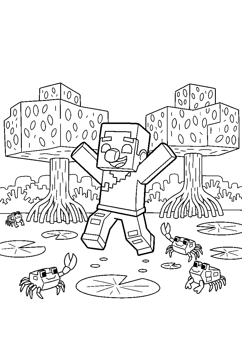 minecraft villager playing happily in a mangrove swamp line art