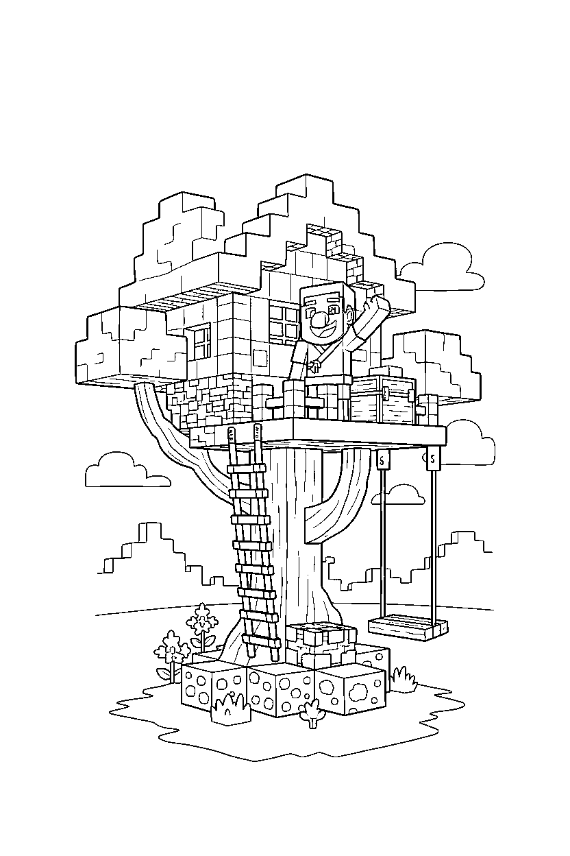 minecraft villager playing happily in a treehouse base line art
