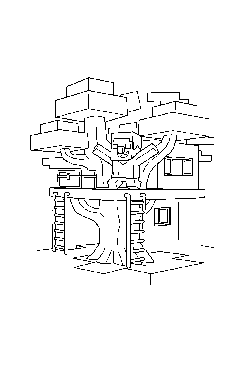 minecraft villager posing happily in a treehouse base line art