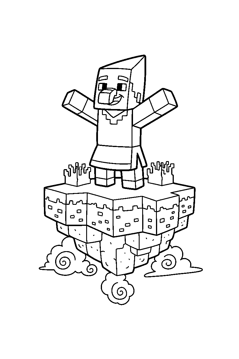minecraft villager posing on floating island line art
