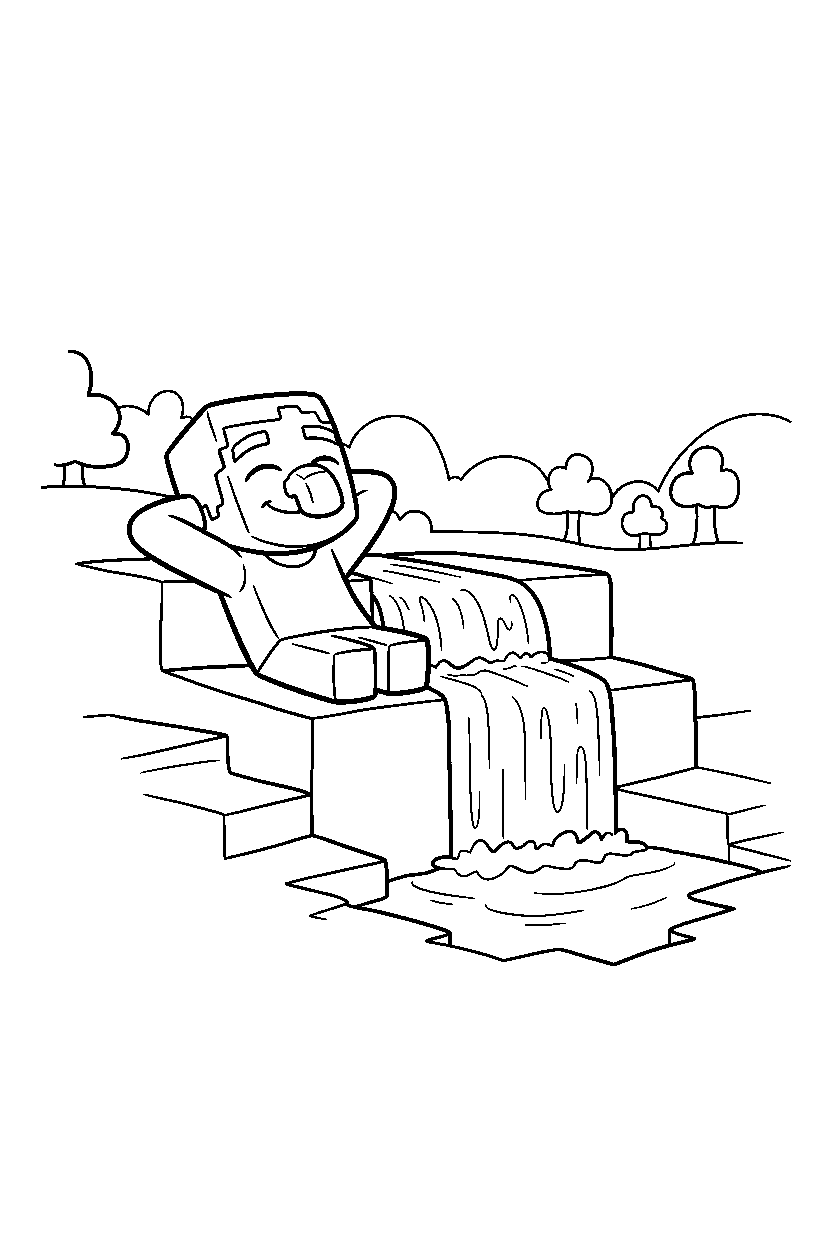 minecraft villager resting calmly near a waterfall line art