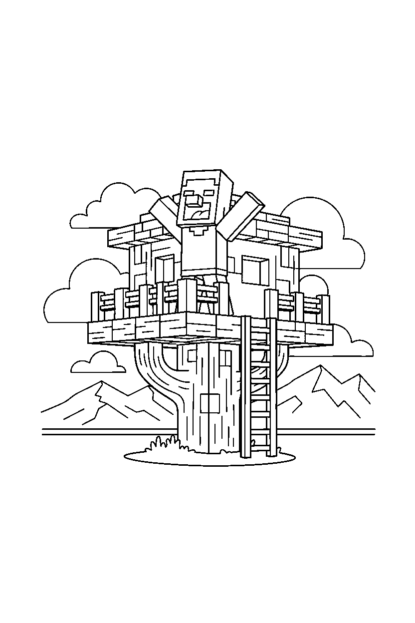 minecraft villager roaring playfully in a treehouse base line art