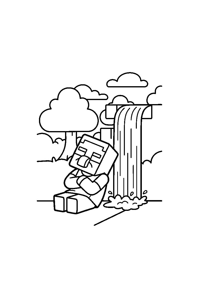 minecraft villager sleeping peacefully near a waterfall line art