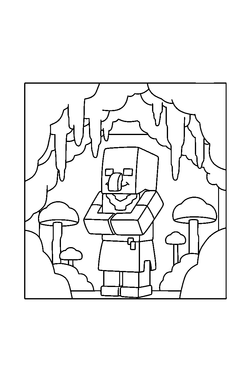 minecraft villager standing calmly in a dripstone cave line art