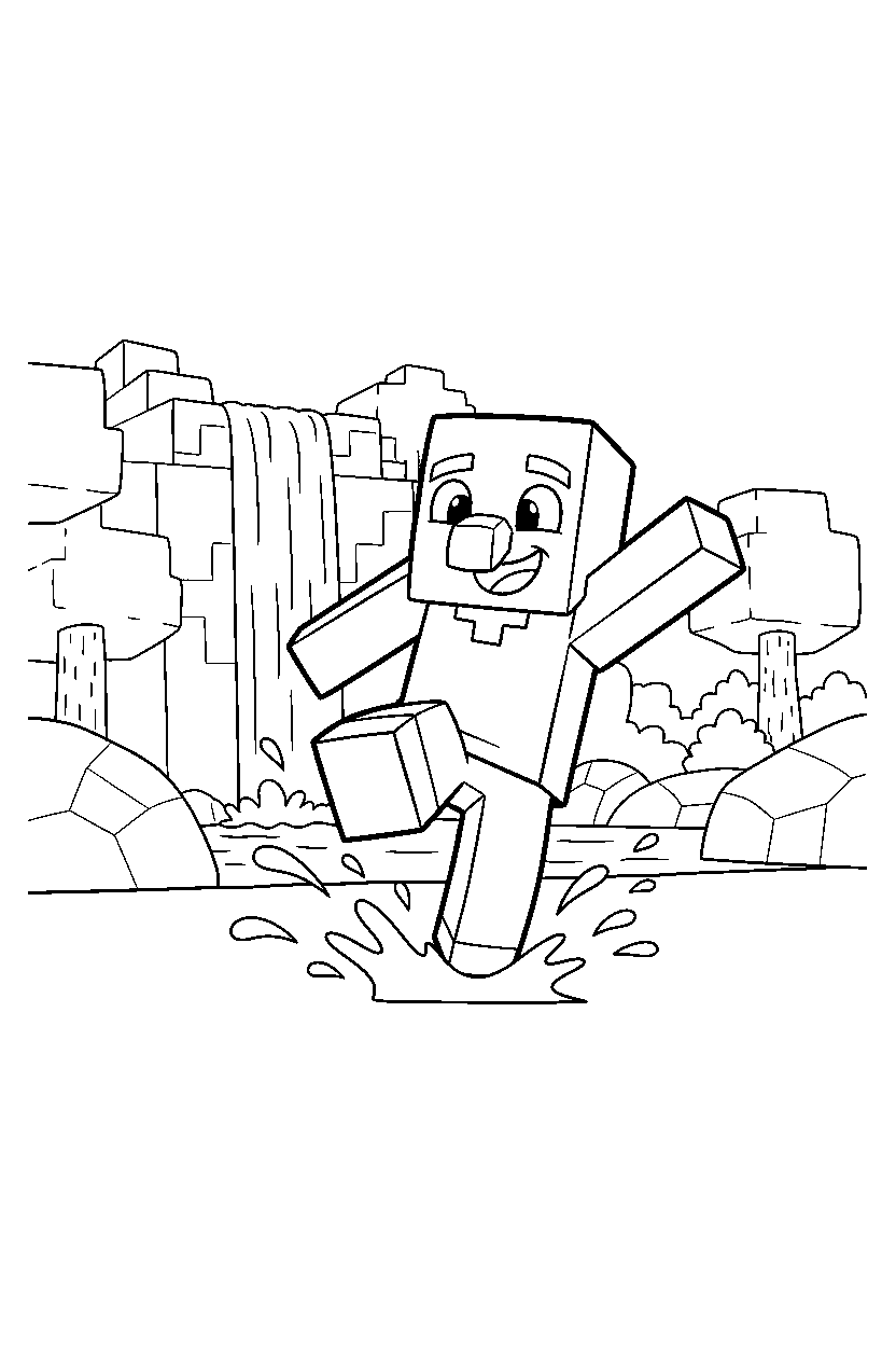 minecraft villager stomping playfully near a waterfall line art