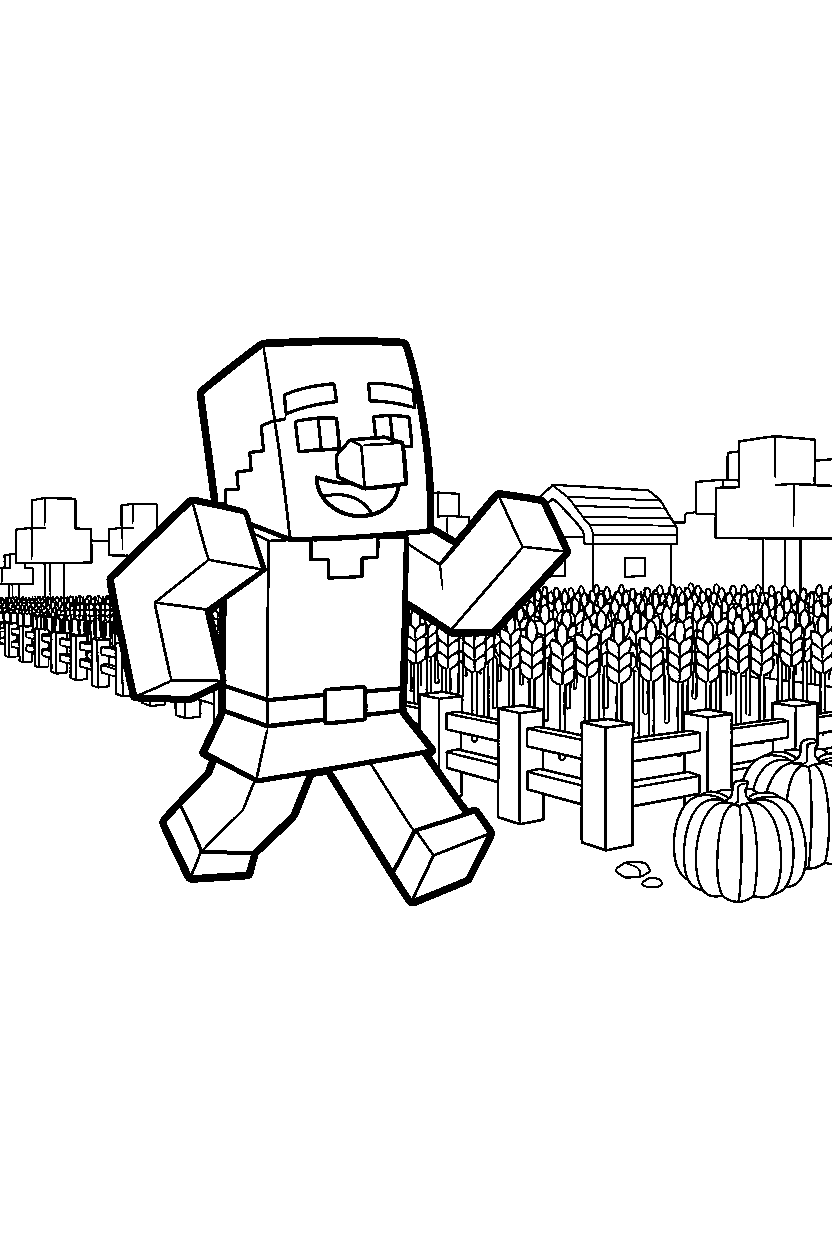 minecraft villager walking happily near a farm field line art