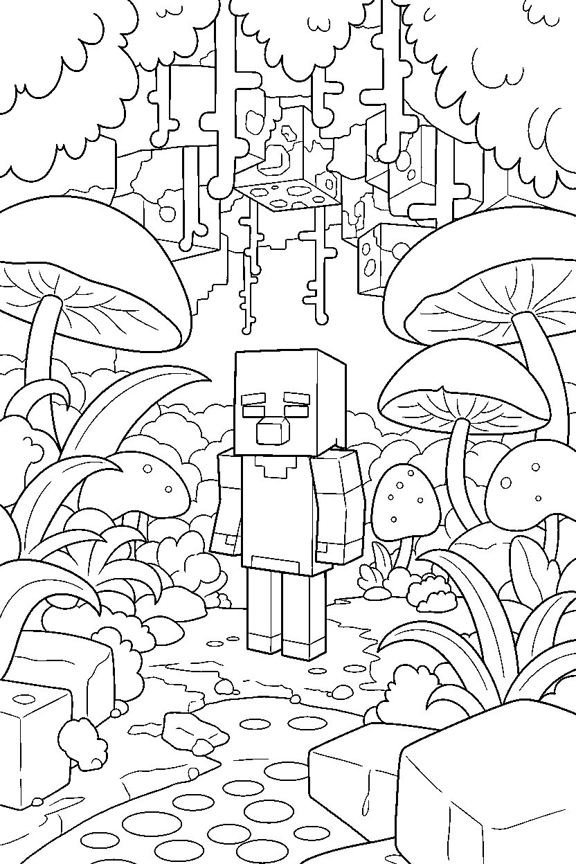 minecraft villager watching calmly in a lush cave line art
